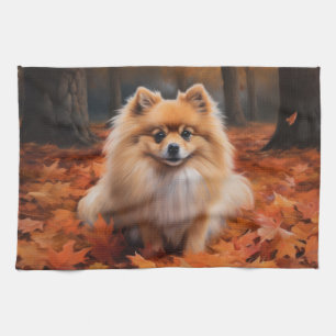 Pomeranian in Autumn Leaves Fall Inspire Tea Towel