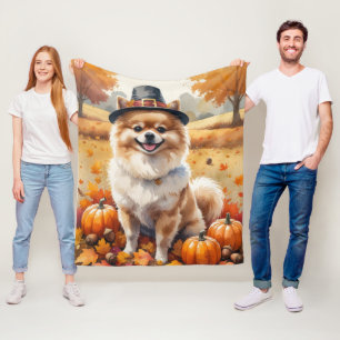 Pomeranian In Autumn Leaves Thanksgiving Art  Fleece Blanket