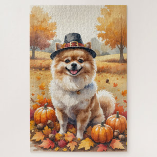 Pomeranian In Autumn Leaves Thanksgiving Art  Jigsaw Puzzle