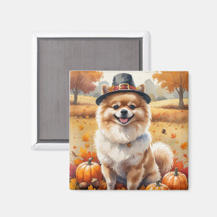 Pomeranian In Autumn Leaves Thanksgiving Art Magnet