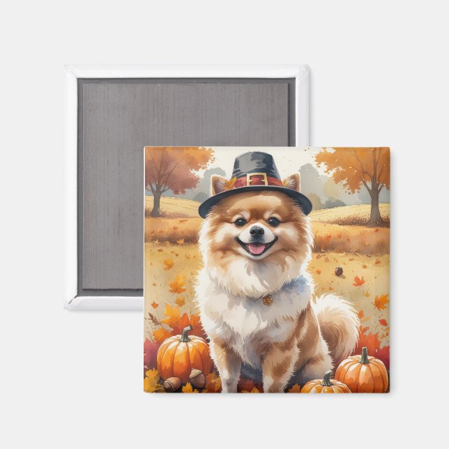 Pomeranian In Autumn Leaves Thanksgiving Art  Magnet (Front/Back)