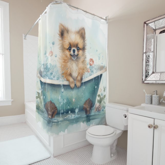Pomeranian In Bathtub Watercolor Dog Art Shower Curtain (In Situ)