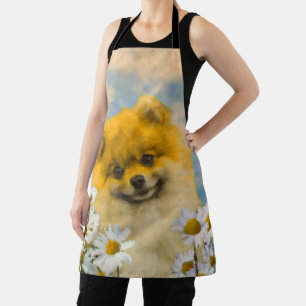 Pomeranian in Daisies Painting - Original Dog Art Apron