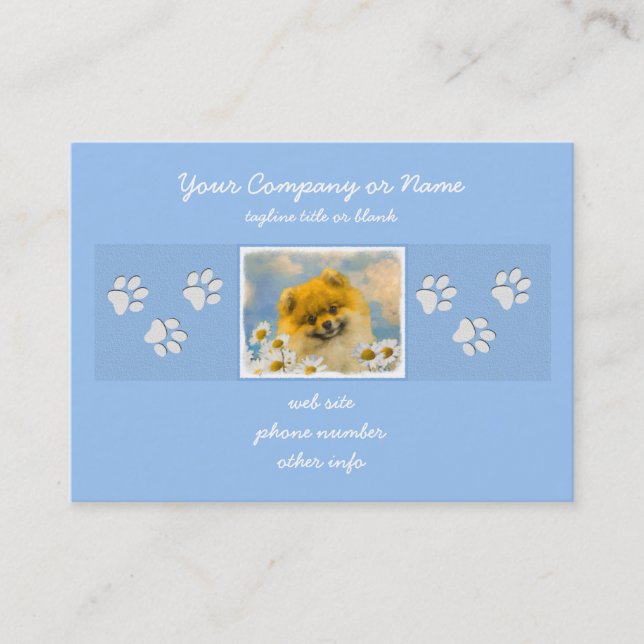 Pomeranian in Daisies Painting - Original Dog Art Business Card (Front)