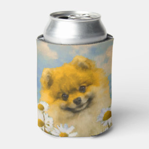 Pomeranian in Daisies Painting - Original Dog Art Can Cooler