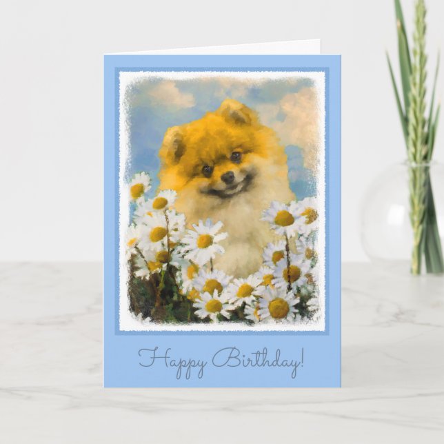 Pomeranian in Daisies Painting - Original Dog Art Card (Front)