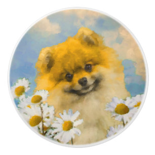 Pomeranian in Daisies Painting - Original Dog Art Ceramic Knob