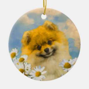Pomeranian in Daisies Painting - Original Dog Art Ceramic Tree Decoration
