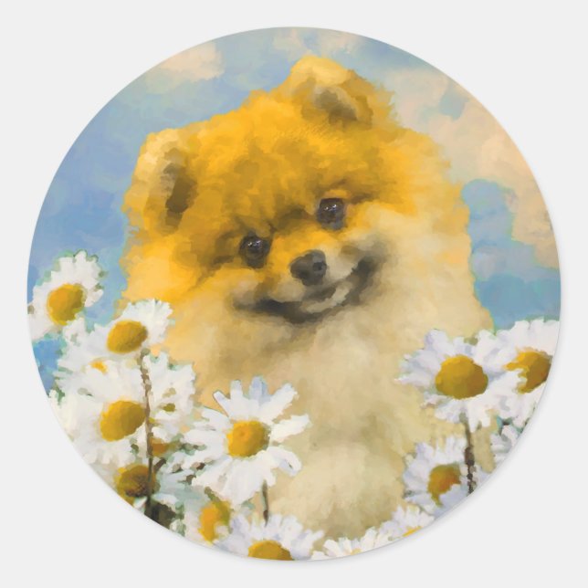 Pomeranian in Daisies Painting - Original Dog Art Classic Round Sticker (Front)
