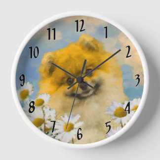 Pomeranian in Daisies Painting - Original Dog Art Clock