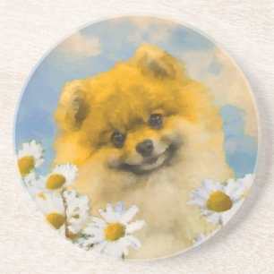 Pomeranian in Daisies Painting - Original Dog Art Coaster
