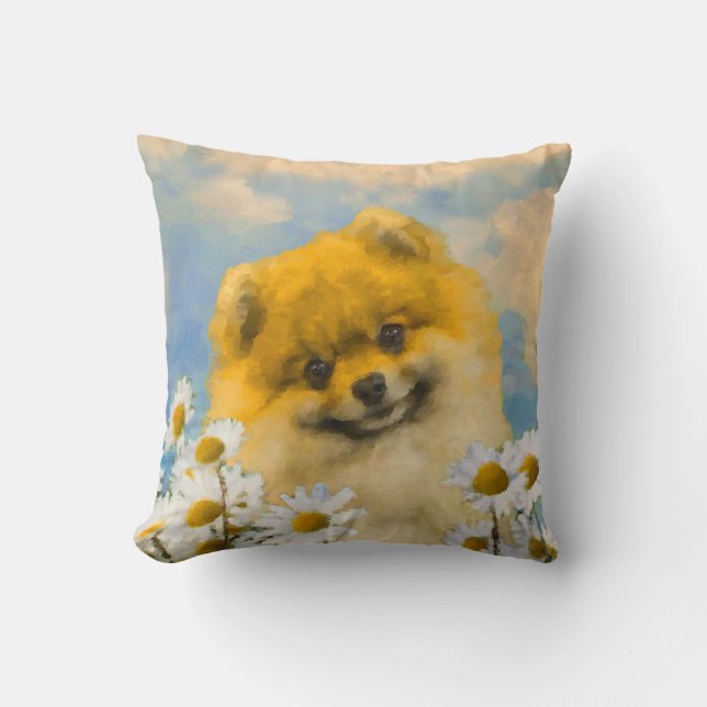 Pomeranian in Daisies Painting - Original Dog Art Cushion (Front)