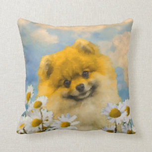 Pomeranian in Daisies Painting - Original Dog Art Cushion
