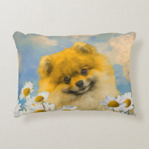 Pomeranian in Daisies Painting - Original Dog Art Decorative Cushion