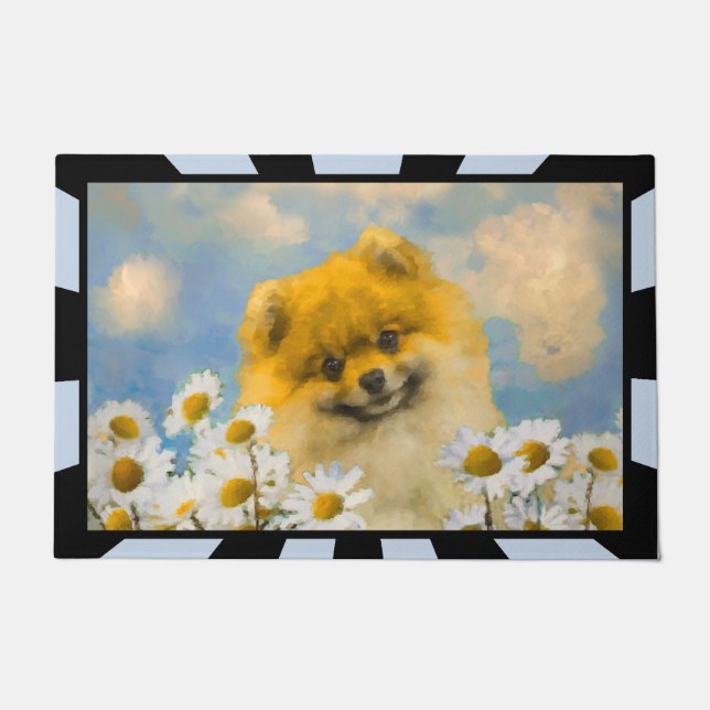 Pomeranian in Daisies Painting - Original Dog Art Doormat (Front)