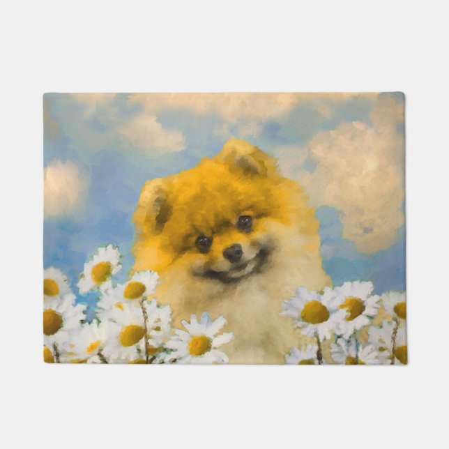 Pomeranian in Daisies Painting - Original Dog Art Doormat (Front)