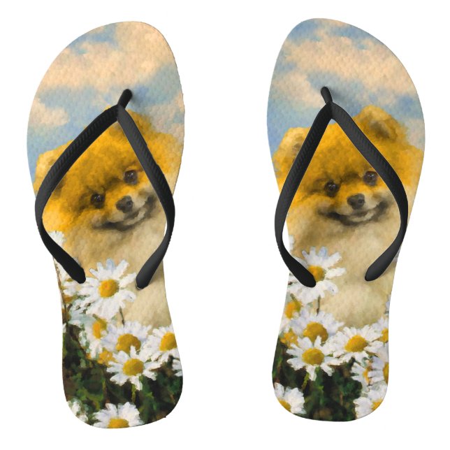 Pomeranian in Daisies Painting - Original Dog Art Flip Flops (Footbed)
