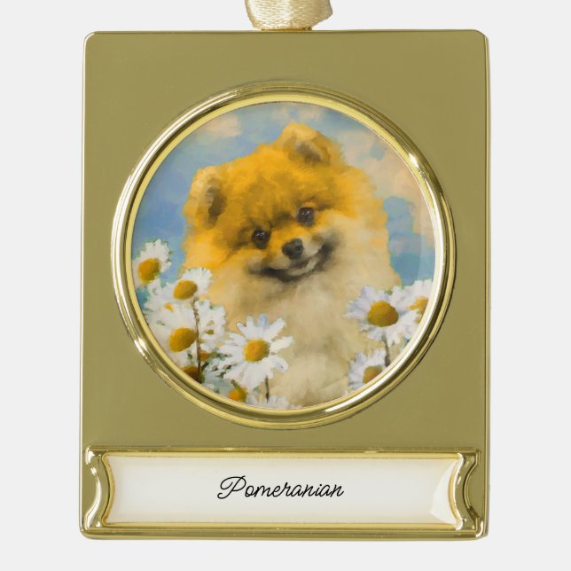 Pomeranian in Daisies Painting - Original Dog Art  Gold Plated Banner Ornament (Front)