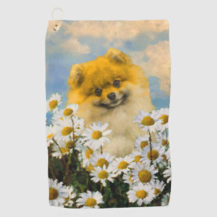 Pomeranian in Daisies Painting - Original Dog Art Golf Towel