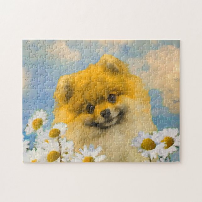 Pomeranian in Daisies Painting - Original Dog Art Jigsaw Puzzle (Horizontal)