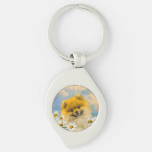 Pomeranian in Daisies Painting - Original Dog Art Key Ring