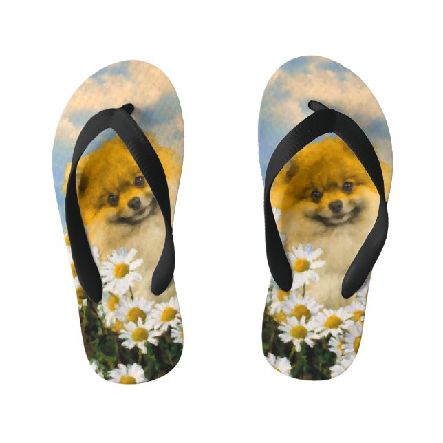 Pomeranian in Daisies Painting - Original Dog Art Kid's Flip Flops (Footbed)