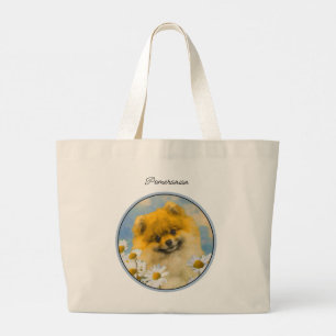 Pomeranian in Daisies Painting Original Dog Art Large Tote Bag