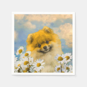 Pomeranian in Daisies Painting - Original Dog Art Napkin