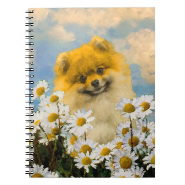Pomeranian in Daisies Painting - Original Dog Art Notebook (Front)