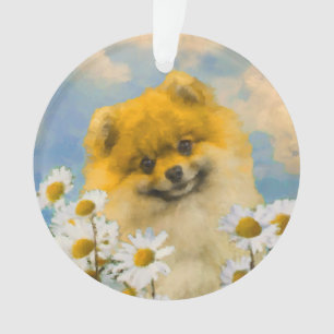 Pomeranian in Daisies Painting - Original Dog Art Ornament