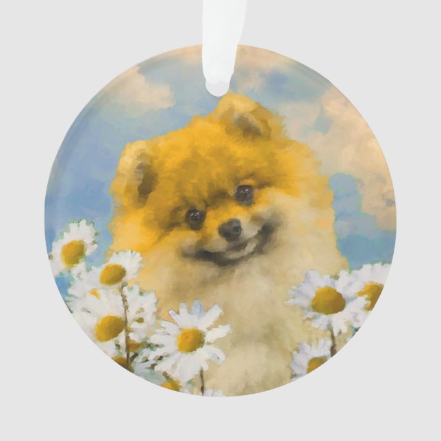 Pomeranian in Daisies Painting - Original Dog Art Ornament (Front)