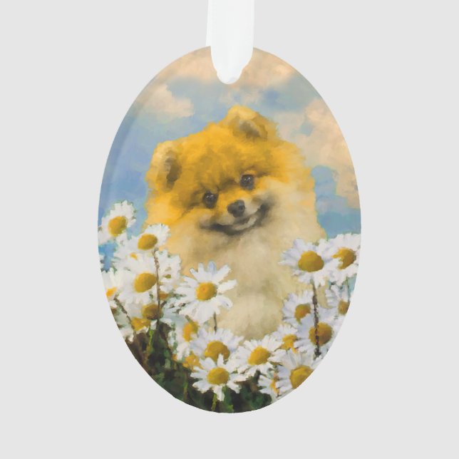 Pomeranian in Daisies Painting - Original Dog Art Ornament (Back)