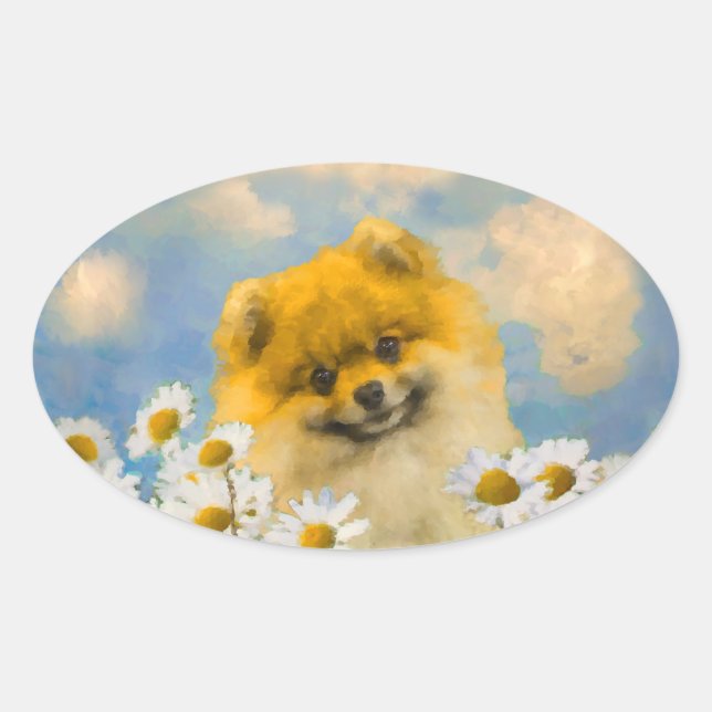 Pomeranian in Daisies Painting - Original Dog Art Oval Sticker (Front)
