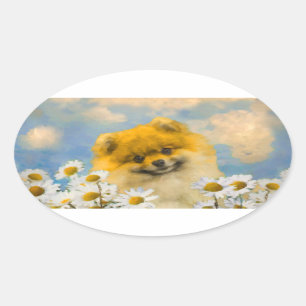 Pomeranian in Daisies Painting - Original Dog Art Oval Sticker