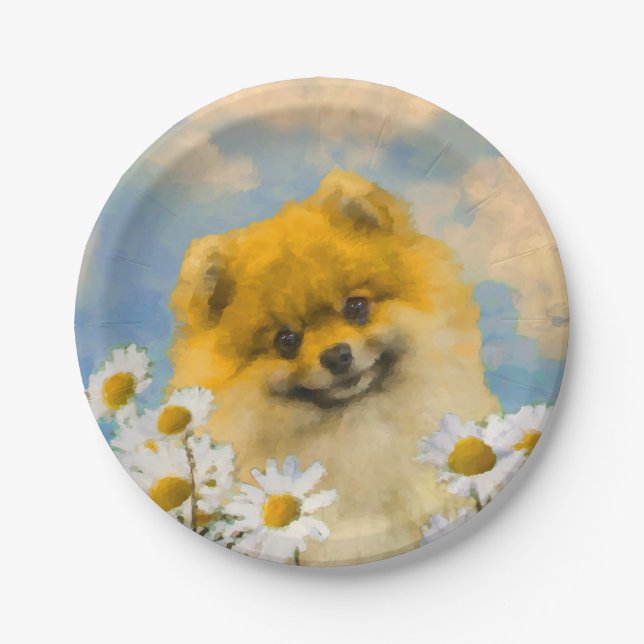 Pomeranian in Daisies Painting - Original Dog Art Paper Plate (Front)