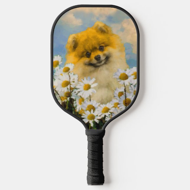 Pomeranian in Daisies Painting - Original Dog Art Pickleball Paddle (Front)