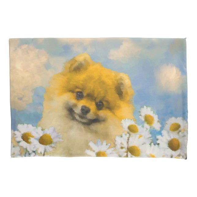 Pomeranian in Daisies Painting - Original Dog Art Pillowcase (Front)