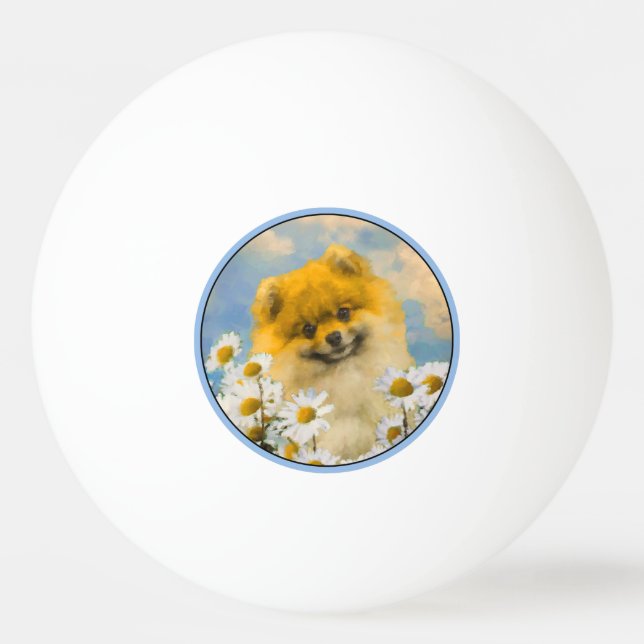 Pomeranian in Daisies Painting - Original Dog Art Ping Pong Ball (Front)