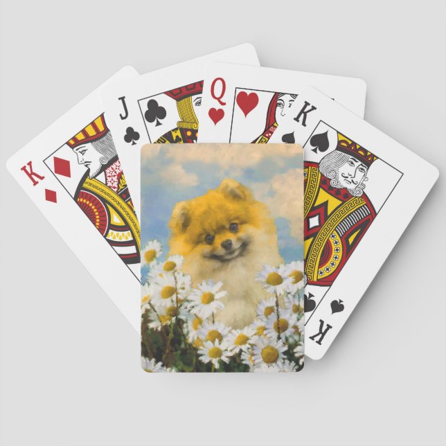 Pomeranian in Daisies Painting - Original Dog Art Playing Cards (Back)