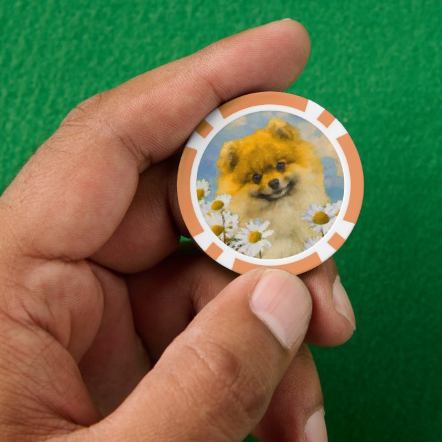 Pomeranian in Daisies Painting - Original Dog Art Poker Chips (Hand)