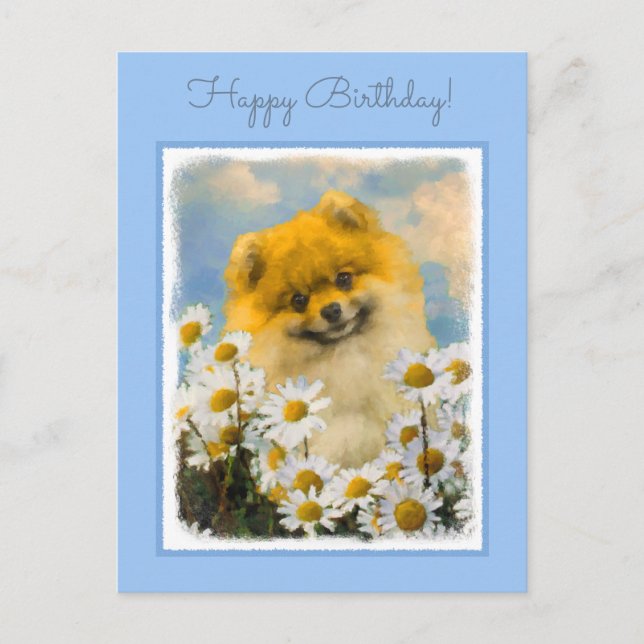 Pomeranian in Daisies Painting - Original Dog Art Postcard (Front)
