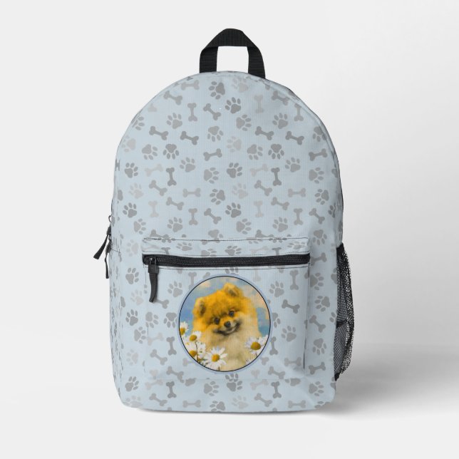 Pomeranian in Daisies Painting - Original Dog Art Printed Backpack (Front)