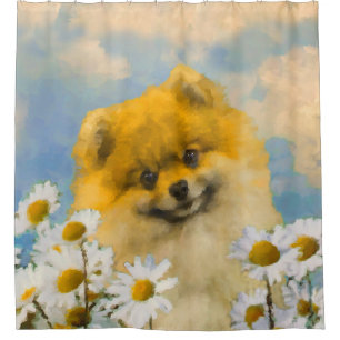 Pomeranian in Daisies Painting - Original Dog Art Shower Curtain