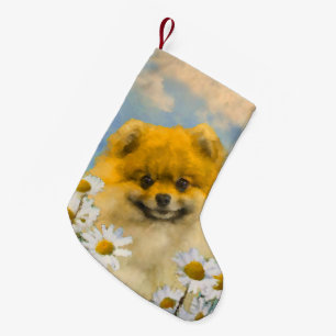 Pomeranian in Daisies Painting - Original Dog Art Small Christmas Stocking