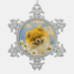 Pomeranian in Daisies Painting - Original Dog Art Snowflake Pewter Christmas Ornament