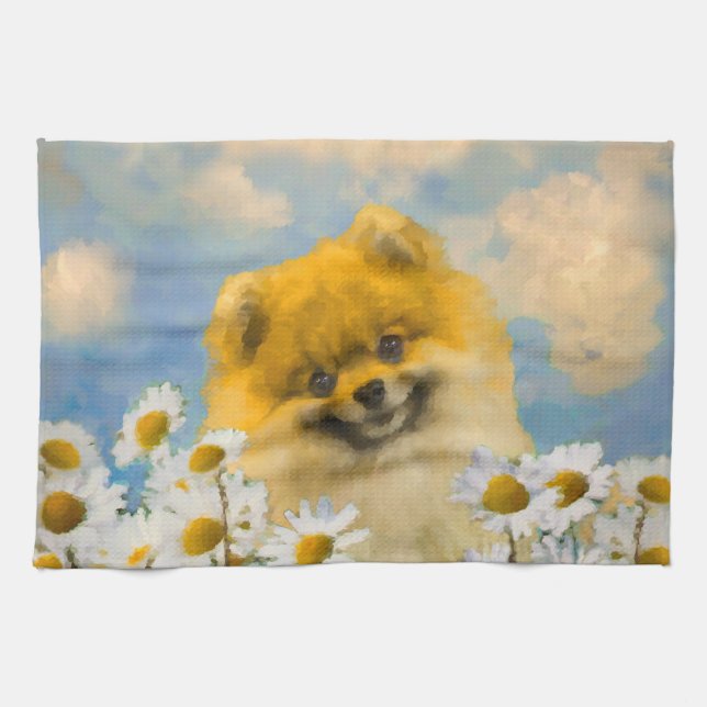 Pomeranian in Daisies Painting - Original Dog Art Tea Towel (Horizontal)