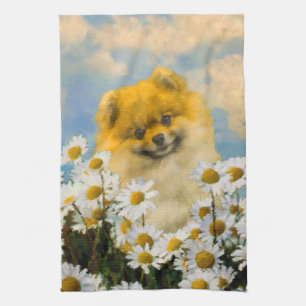 Pomeranian in Daisies Painting - Original Dog Art Tea Towel
