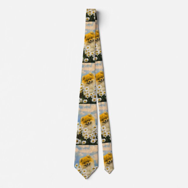 Pomeranian in Daisies Painting - Original Dog Art Tie (Front)