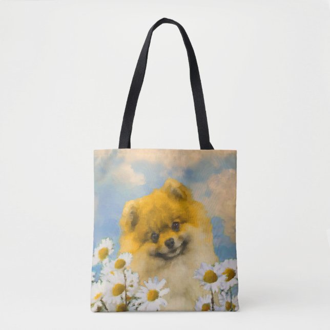 Pomeranian in Daisies Painting - Original Dog Art Tote Bag (Front)