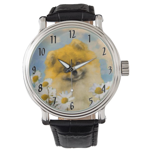 Pomeranian in Daisies Painting - Original Dog Art Watch (Front)